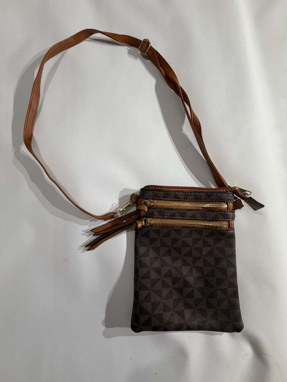 Brown Geometric Print Crossbody Bag Multi Zipper Travel Purse